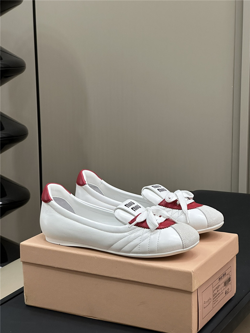 Miu Miu Lace-Up Leather Ballet Flats in White and Red