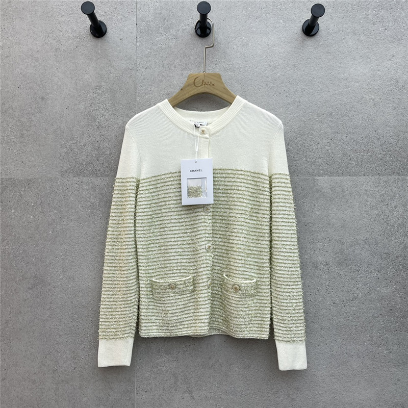 Ch**el striped contrast gold thread knitted cardigan replica clothes