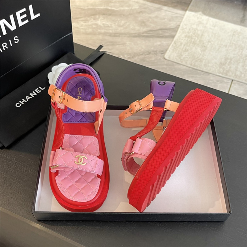 Ch**el quilted beach sandals red and pink leather