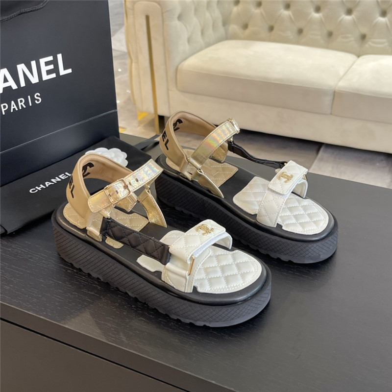 Ch**el quilted beach sandals black and beige leather