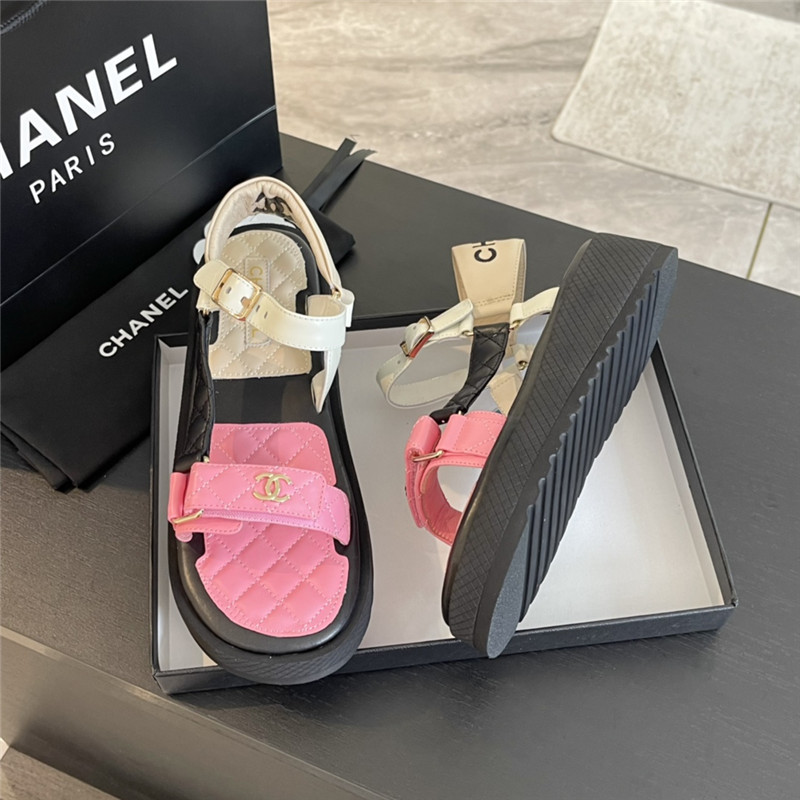 Ch**el quilted beach sandals black and pink leather