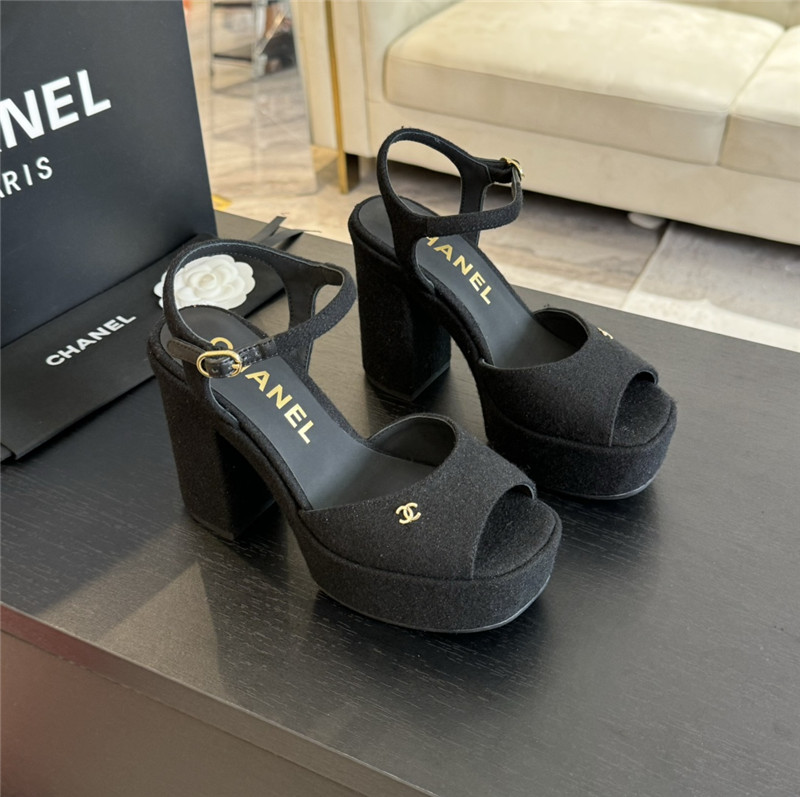 Ch**el black wool wedge platform sandals