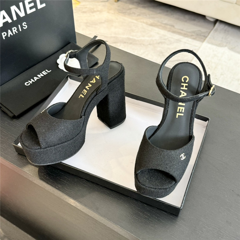 Ch**el black wool wedge platform sandals