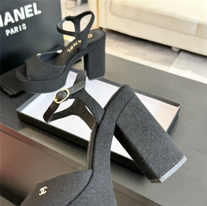 Ch**el black wool wedge platform sandals