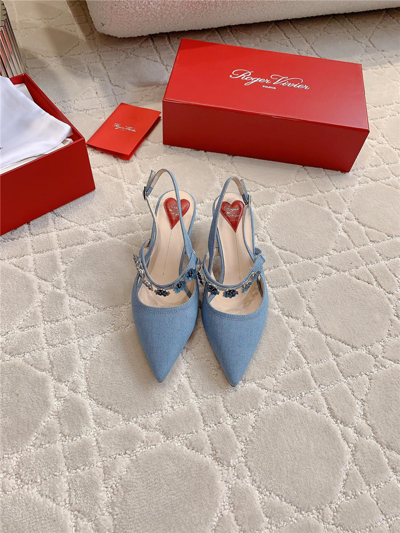 Roger Vivier Virgule Flower Blue Canvas Slingback Pumps