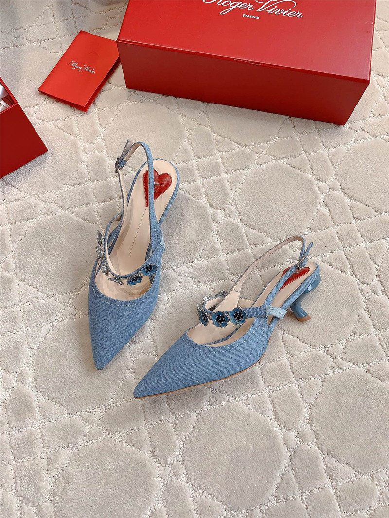 Roger Vivier Virgule Flower Blue Canvas Slingback Pumps