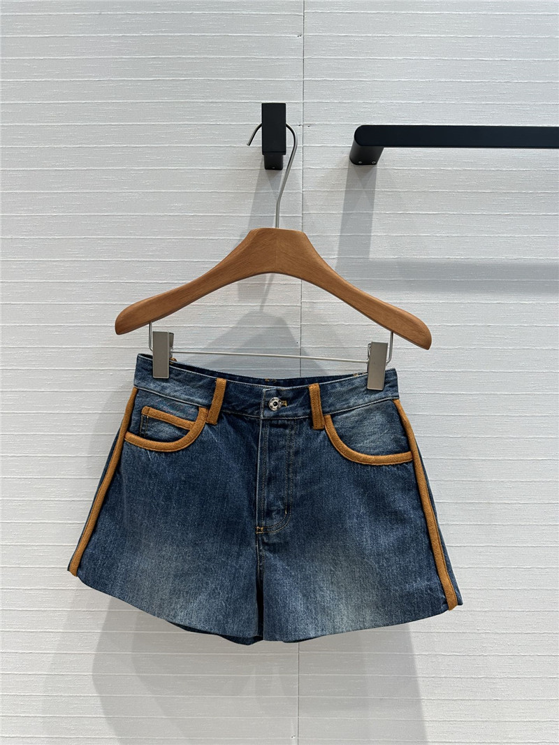 M1um1u contrast color suede hem denim shorts replicas clothes