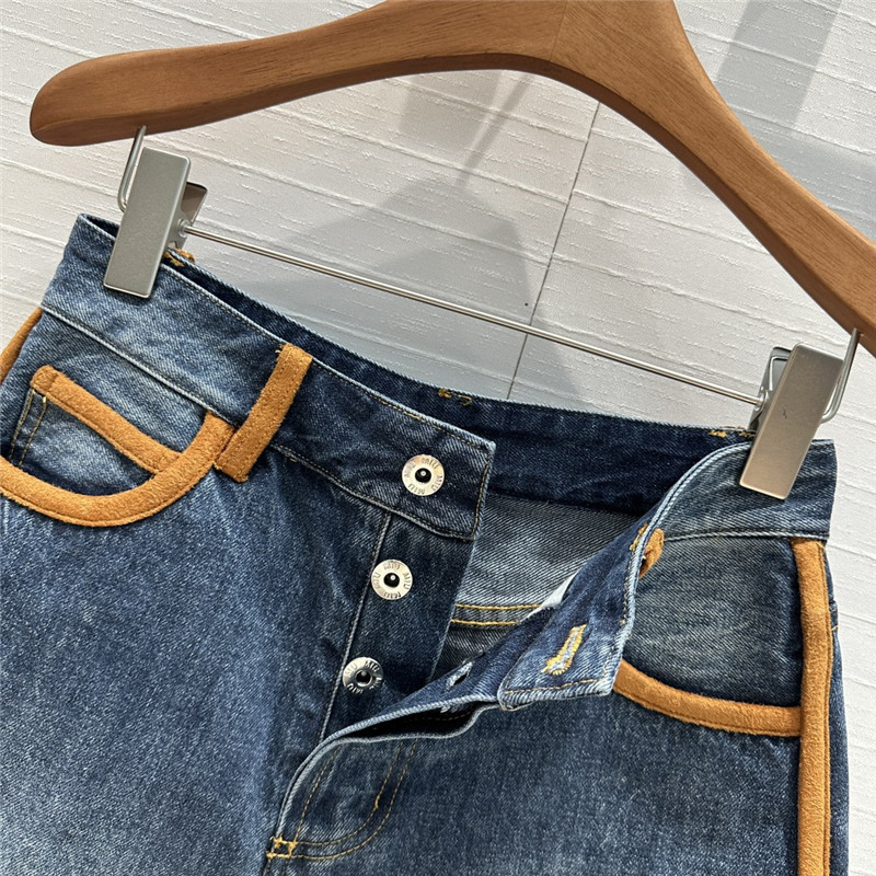M1um1u contrast color suede hem denim shorts replicas clothes