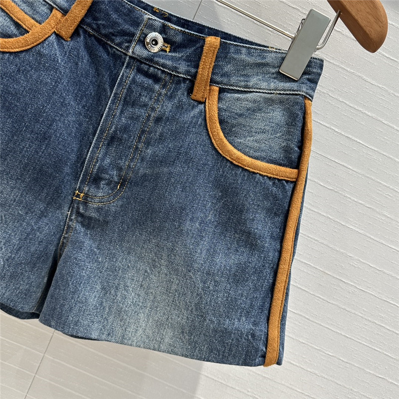 M1um1u contrast color suede hem denim shorts replicas clothes