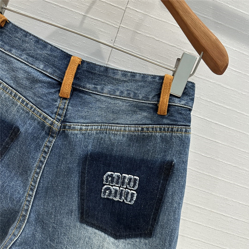 M1um1u contrast color suede hem denim shorts replicas clothes