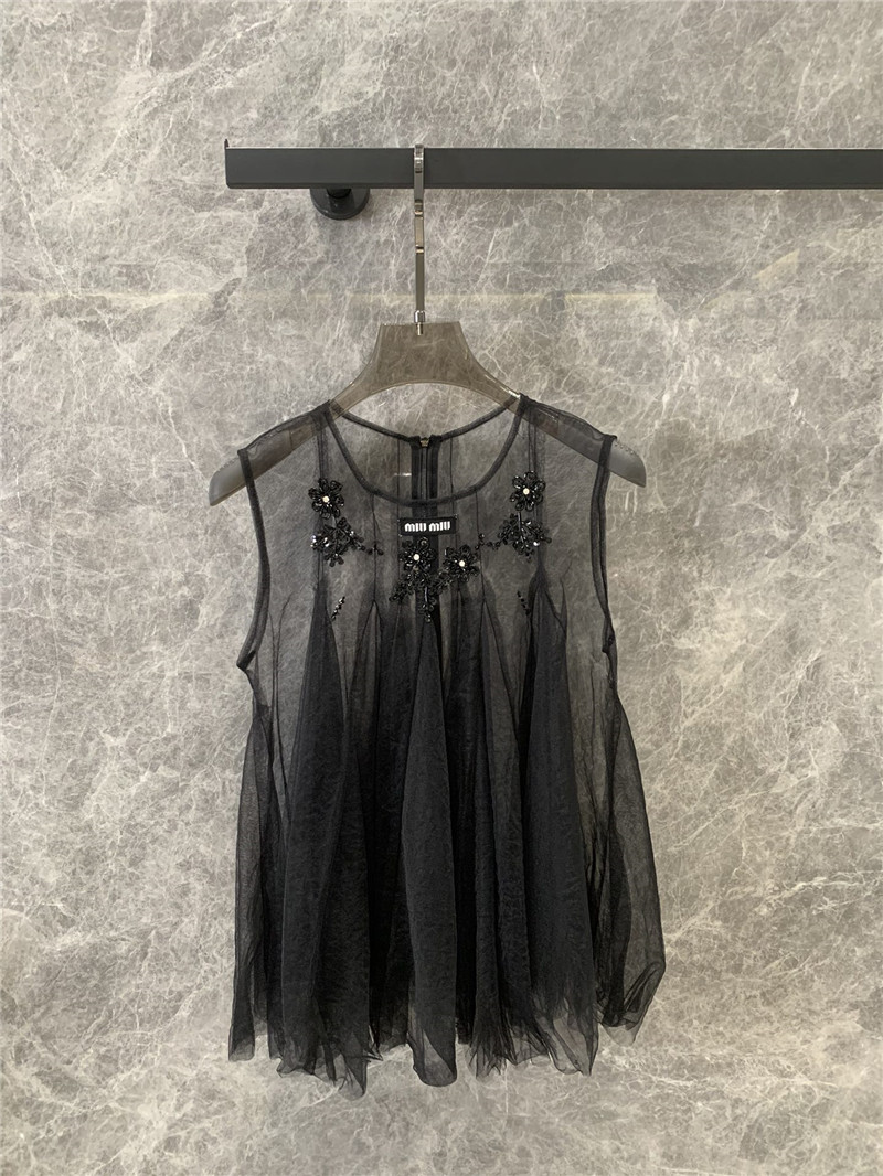 M1um1u round neck sleeveless mesh rhinestone top replicas clothes