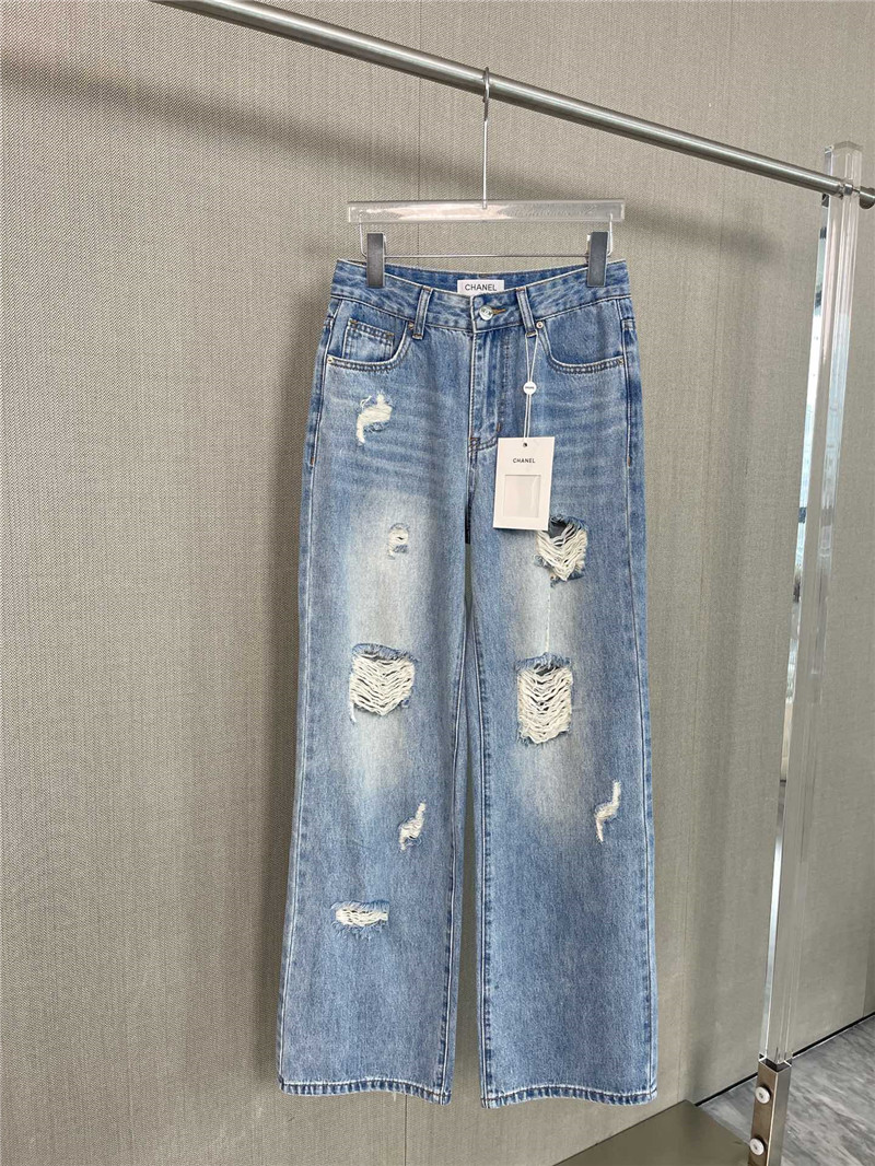 Ch**el cat embroidered ripped jeans replica clothes