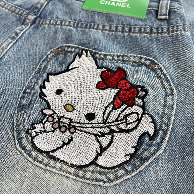 Ch**el cat embroidered ripped jeans replica clothes