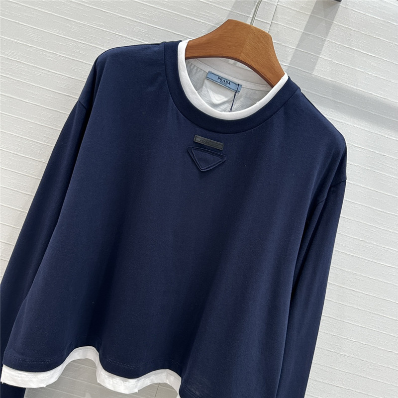 Pra*a contrast color patchwork long sleeve t replicas clothes