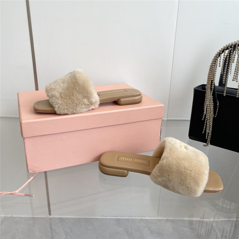 Miu Miu Beige Matelassé Fur Slides with Metal Lettering