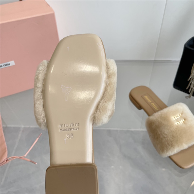 Miu Miu Beige Matelassé Fur Slides with Metal Lettering