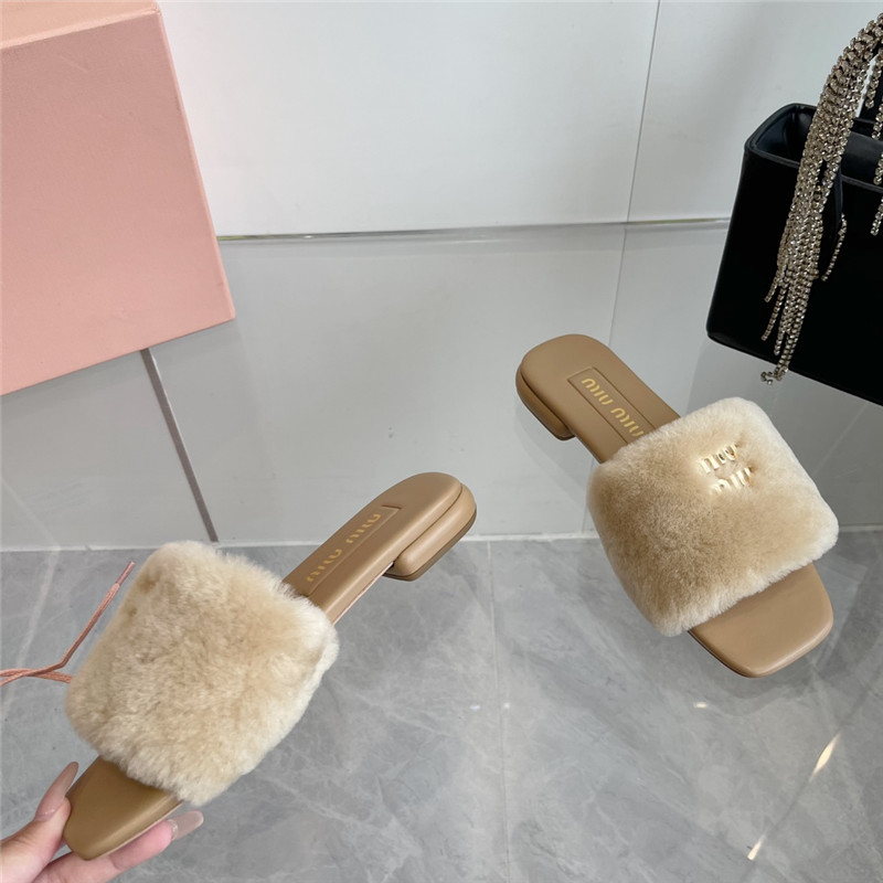 Miu Miu Beige Matelassé Fur Slides with Metal Lettering