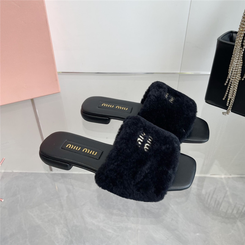 Miu Miu Black Matelassé Fur Slides with Metal Lettering