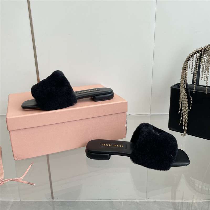 Miu Miu Black Matelassé Fur Slides with Metal Lettering