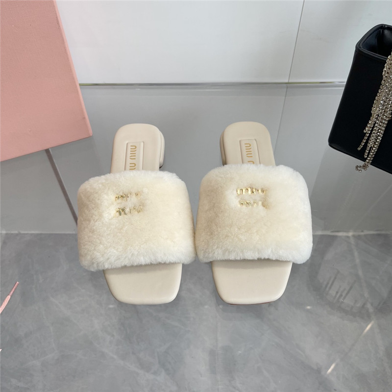 Miu Miu Ivory Matelassé Fur Slides with Metal Lettering
