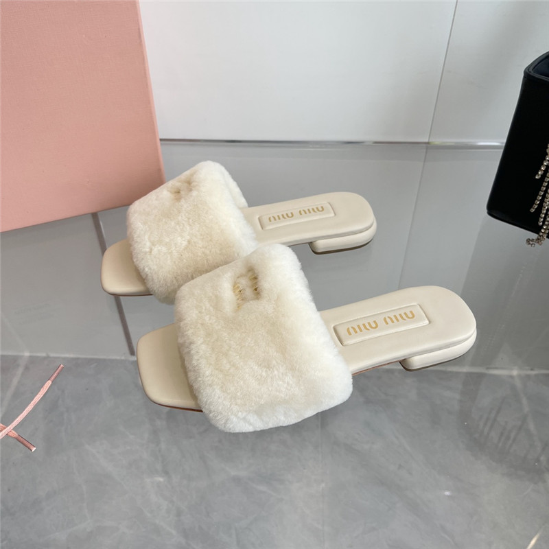 Miu Miu Ivory Matelassé Fur Slides with Metal Lettering