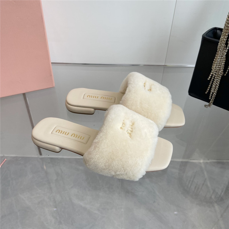 Miu Miu Ivory Matelassé Fur Slides with Metal Lettering