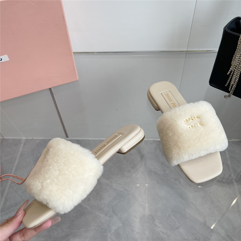 Miu Miu Ivory Matelassé Fur Slides with Metal Lettering