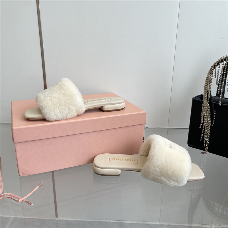Miu Miu Ivory Matelassé Fur Slides with Metal Lettering