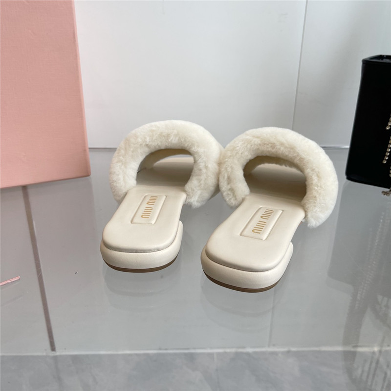 Miu Miu Ivory Matelassé Fur Slides with Metal Lettering