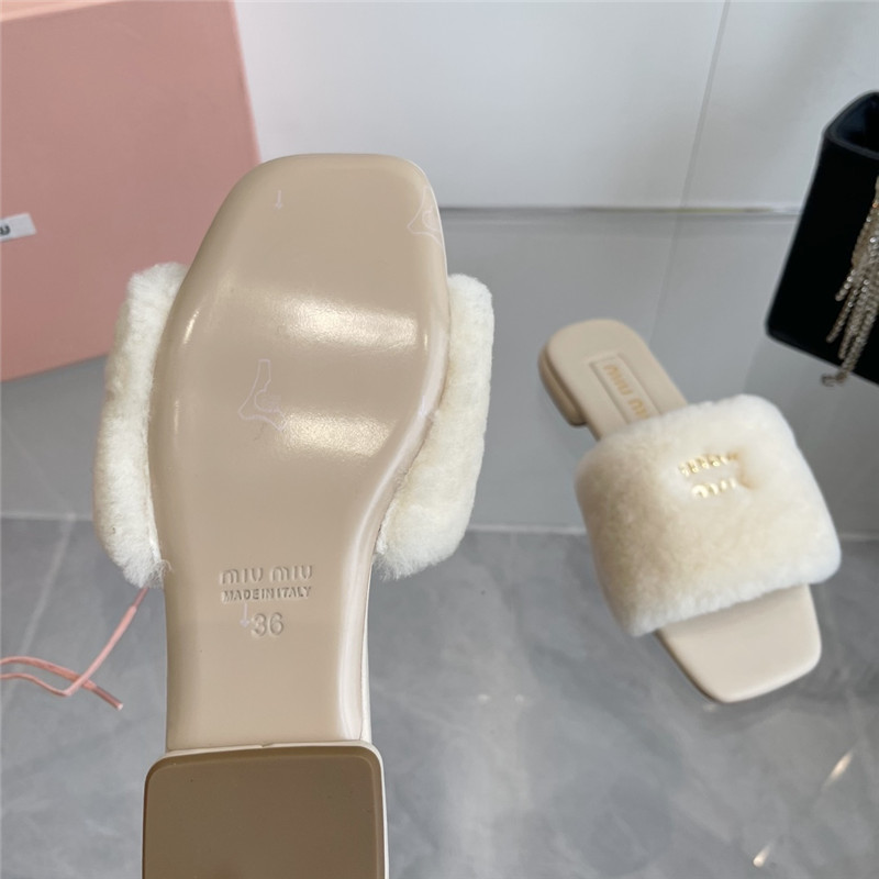 Miu Miu Ivory Matelassé Fur Slides with Metal Lettering