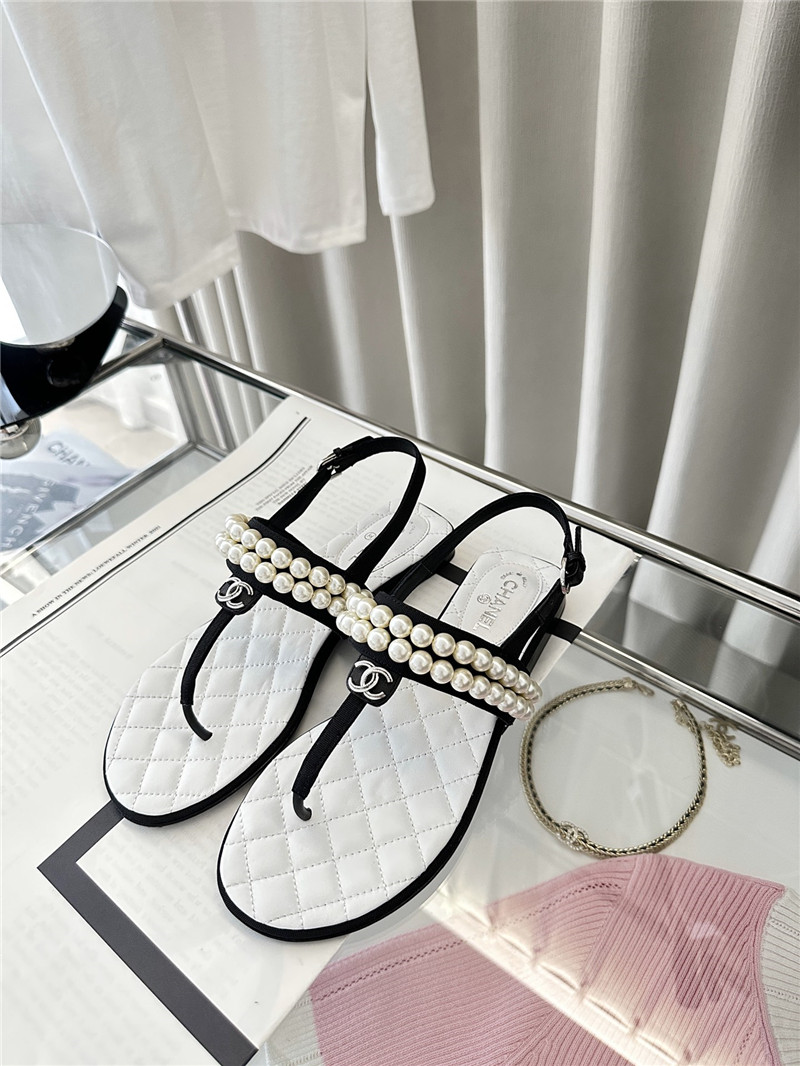 Ch**el quilted t-strap pearls flat sandals white