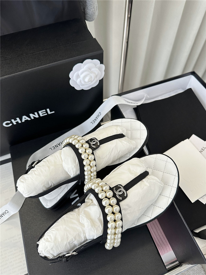 Ch**el quilted t-strap pearls flat sandals white