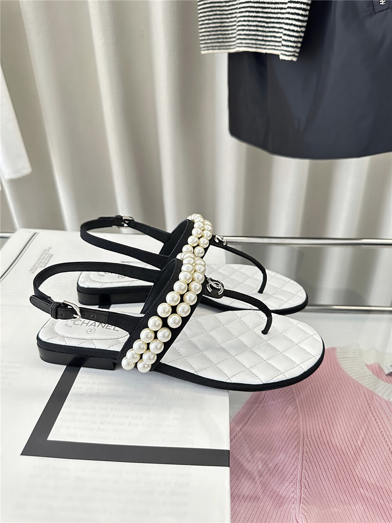 Ch**el quilted t-strap pearls flat sandals white
