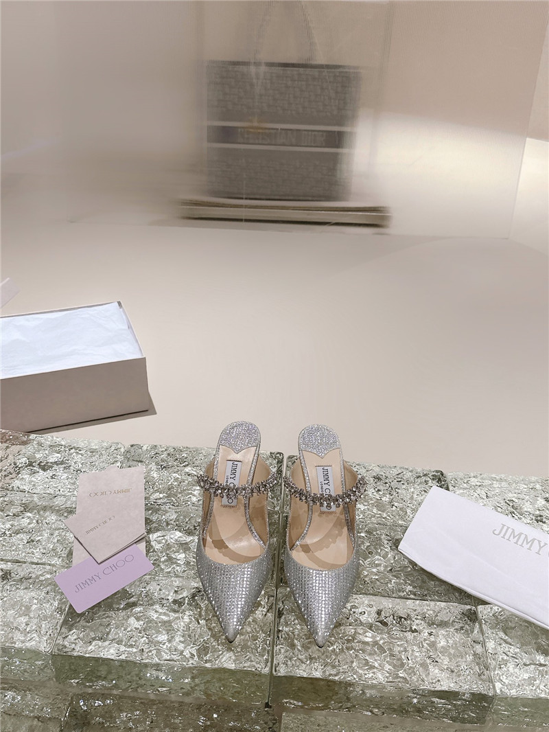 J1m*y Ch00 bing 100 silver glitter mules with crystal