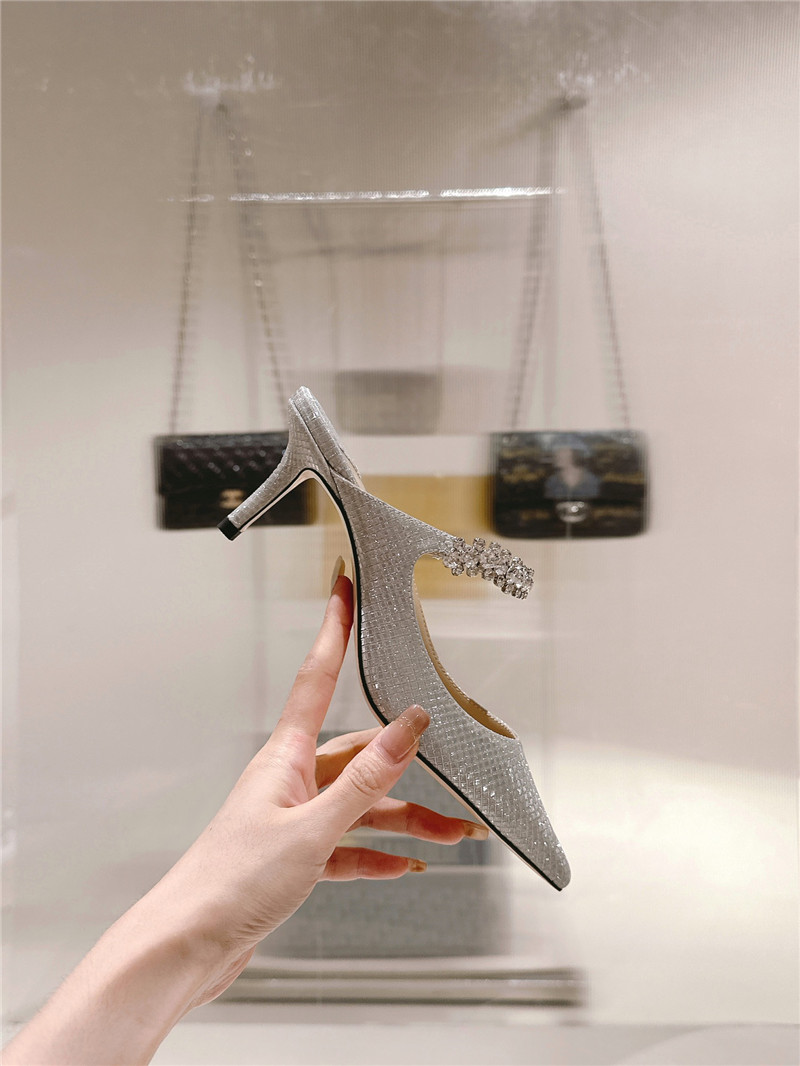 J1m*y Ch00 bing 100 silver glitter mules with crystal