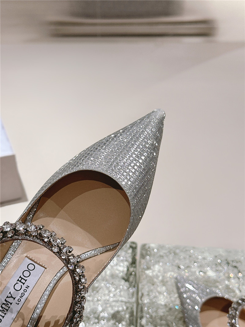 J1m*y Ch00 bing 100 silver glitter mules with crystal