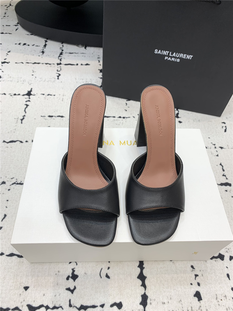 Amina Muaddi Brigitte Black Leather Block Heel Slippers
