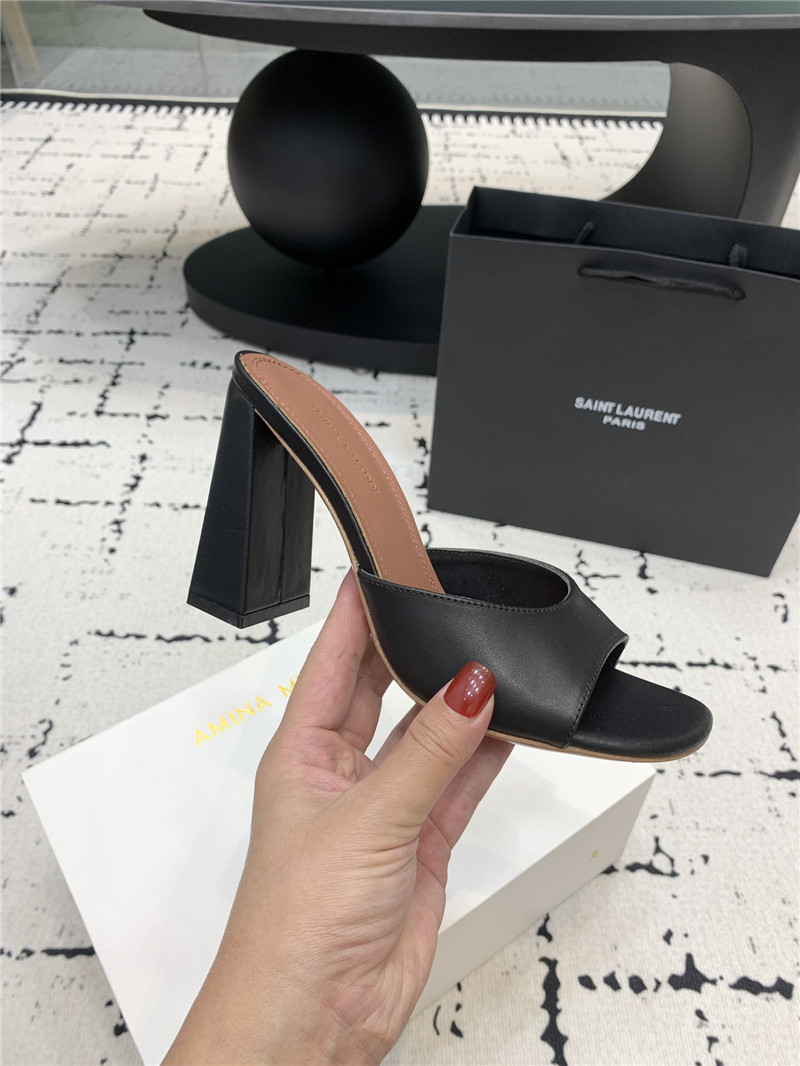 Amina Muaddi Brigitte Black Leather Block Heel Slippers