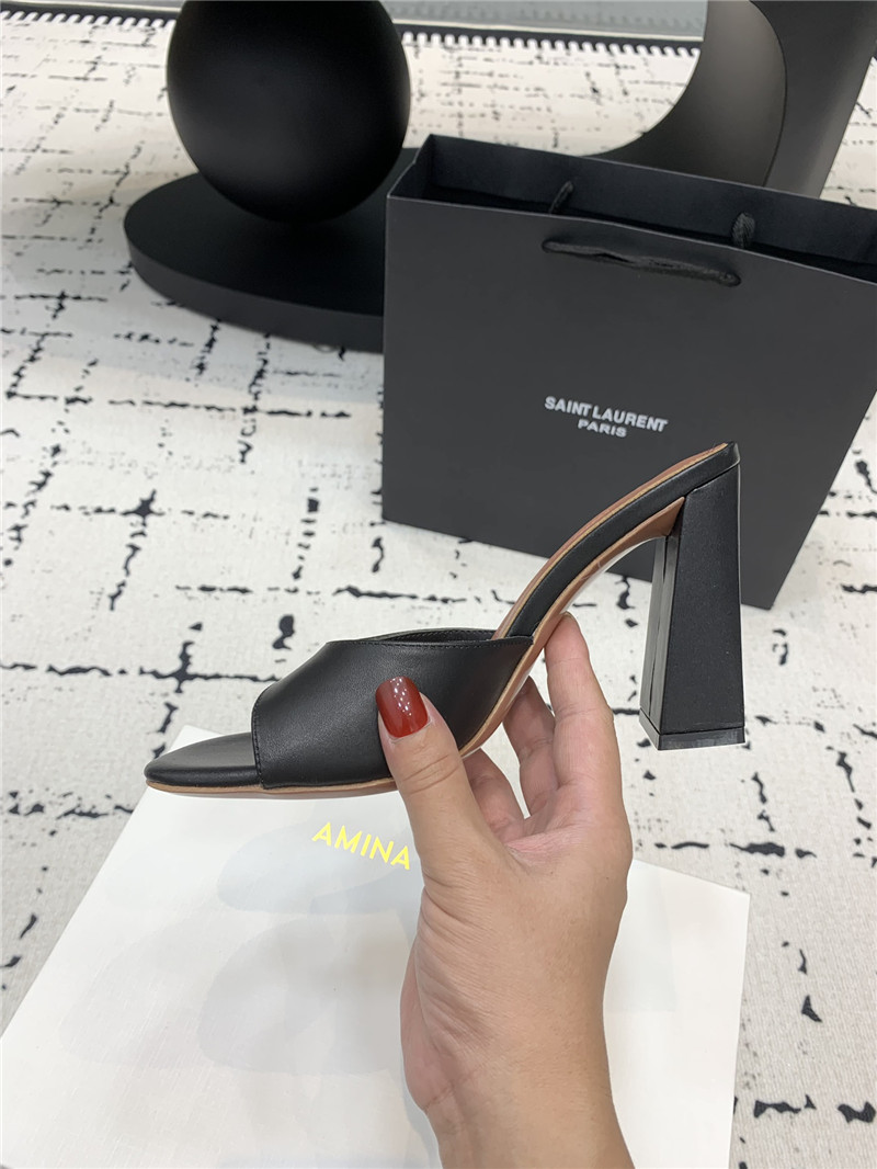 Amina Muaddi Brigitte Black Leather Block Heel Slippers