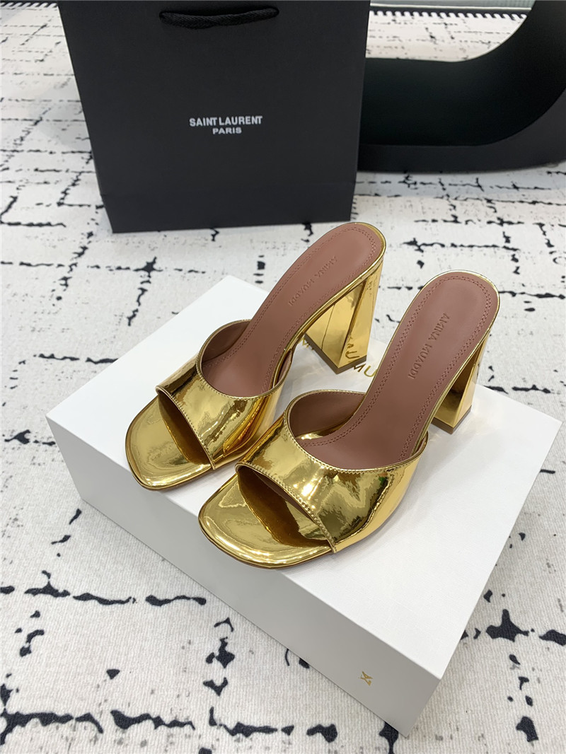 Amina Muaddi Brigitte Gold Mirror Block Heel Slippers