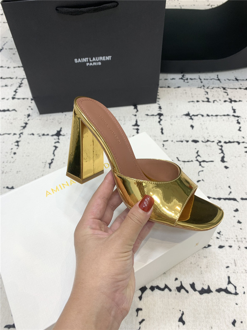 Amina Muaddi Brigitte Gold Mirror Block Heel Slippers