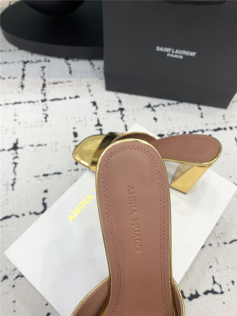 Amina Muaddi Brigitte Gold Mirror Block Heel Slippers
