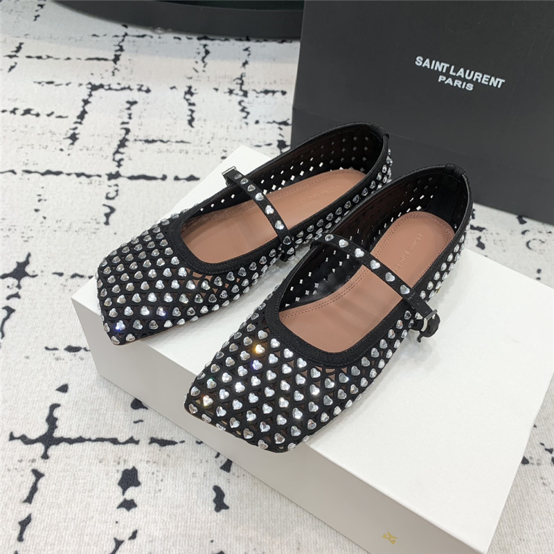 Amina Muaddi ANE Crystal Heart Flats Black