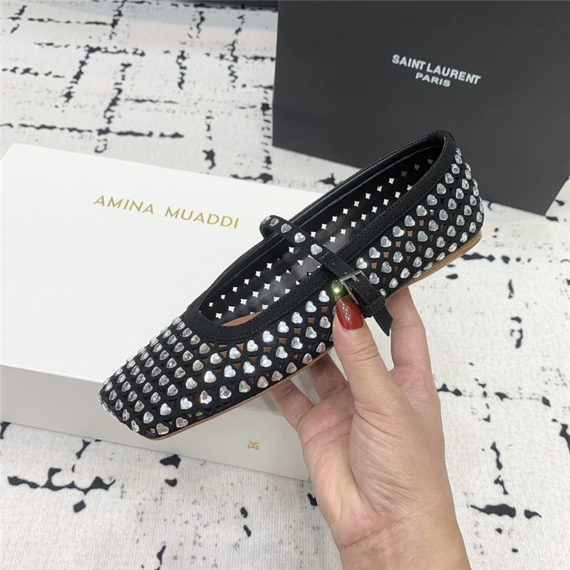 Amina Muaddi ANE Crystal Heart Flats Black