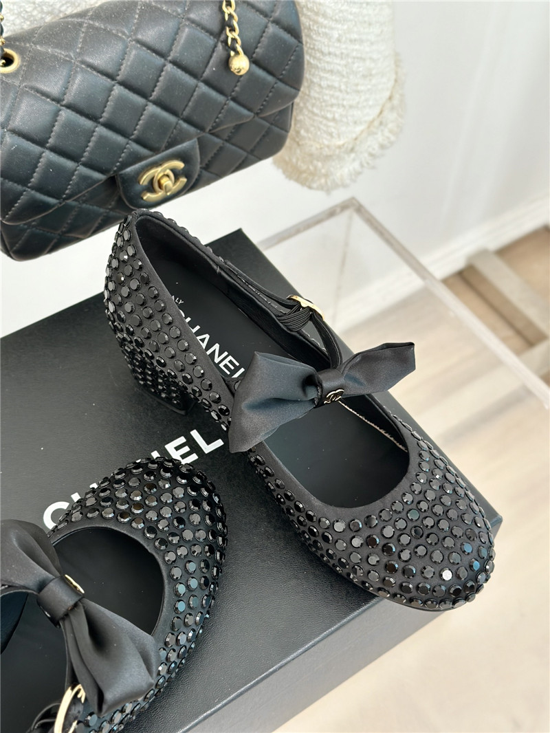 Ch**el bow mary jane sandals in black satin and studs