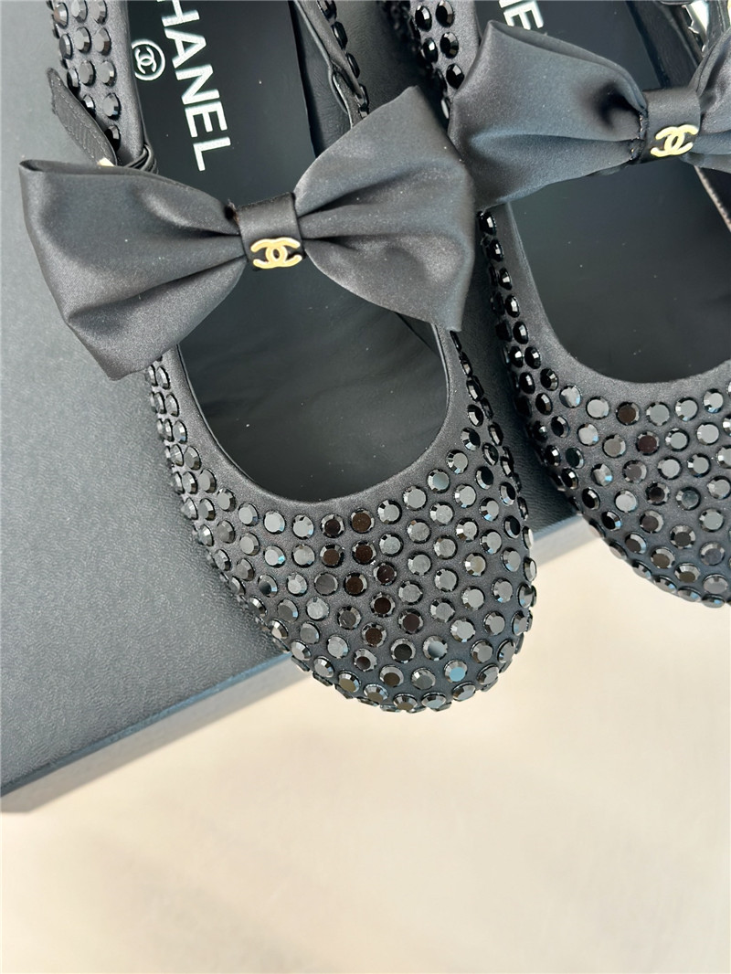 Ch**el bow mary jane sandals in black satin and studs