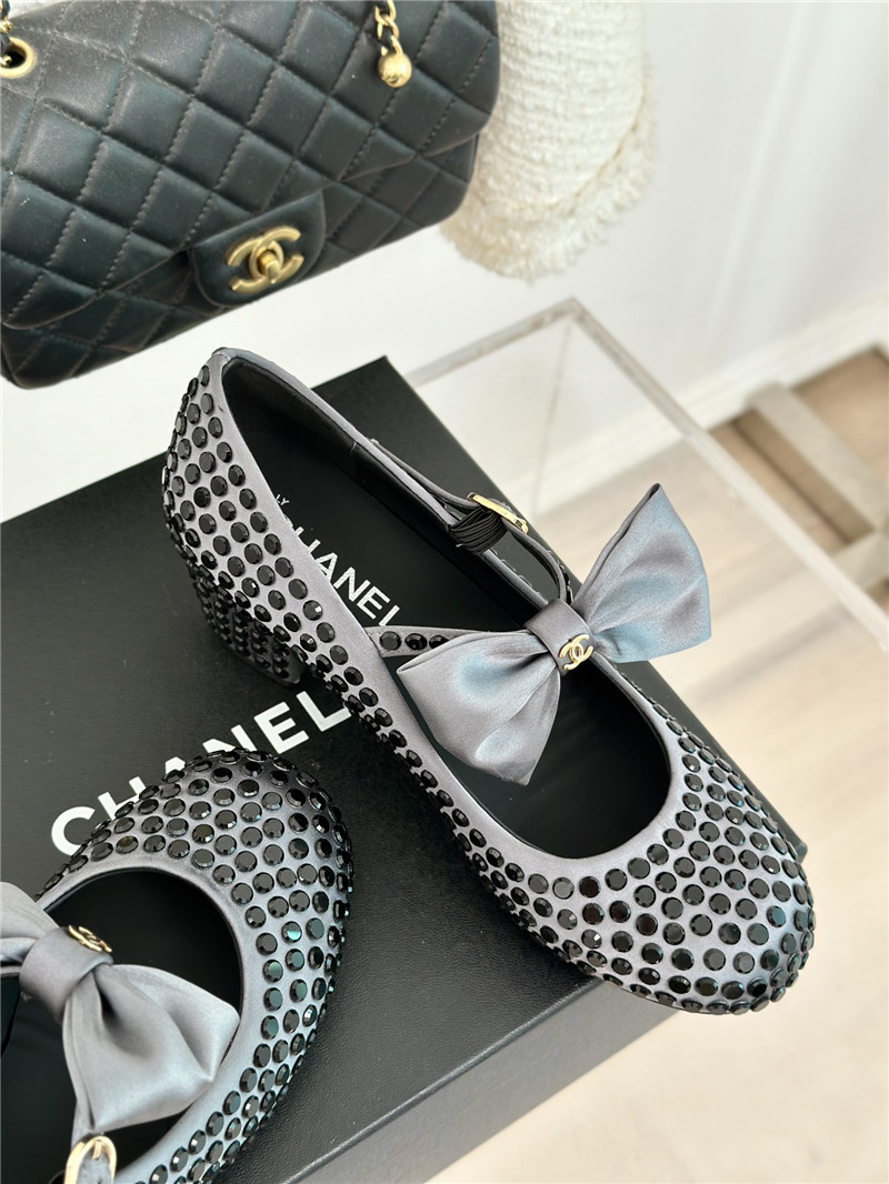 Ch**el bow mary jane sandals grey satin with studs