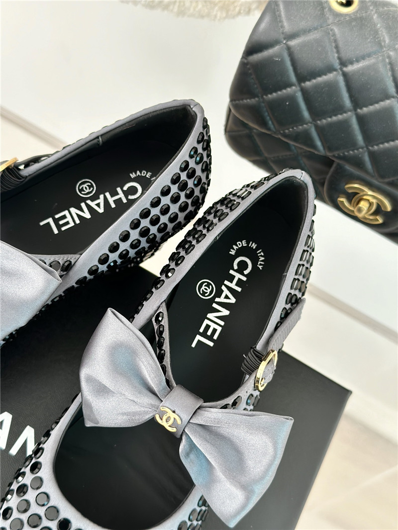 Ch**el bow mary jane sandals grey satin with studs