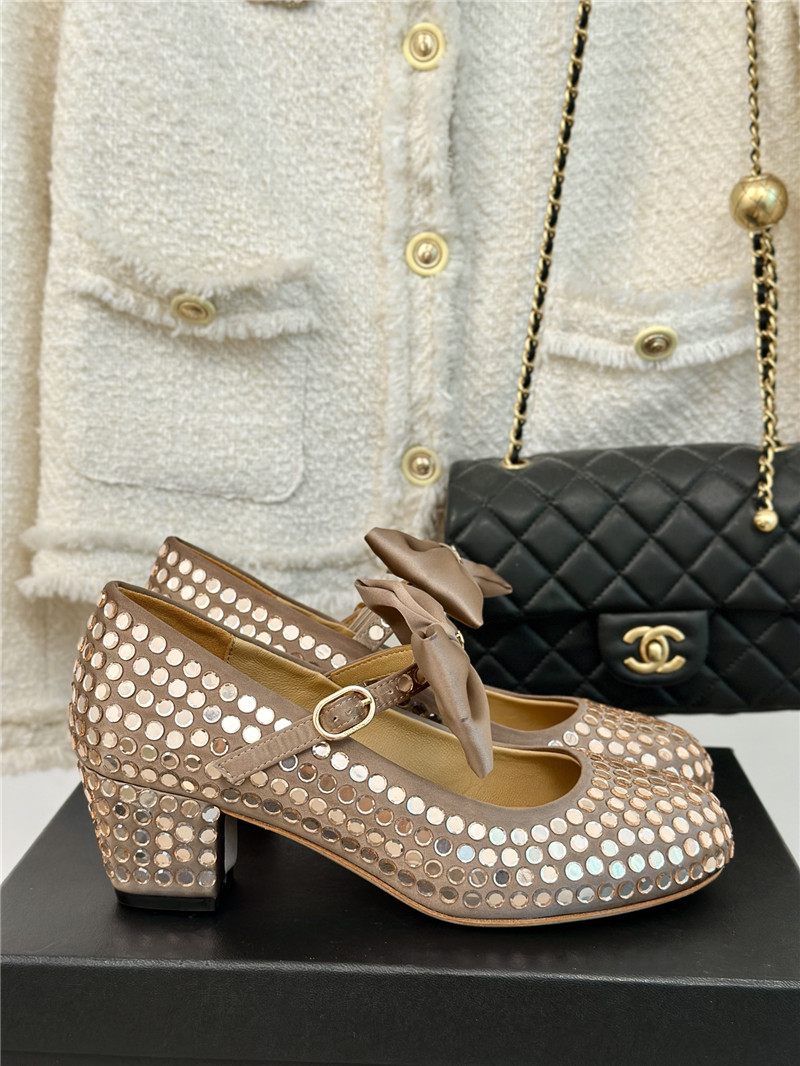 Ch**el bow mary jane sandals beige satin with studs
