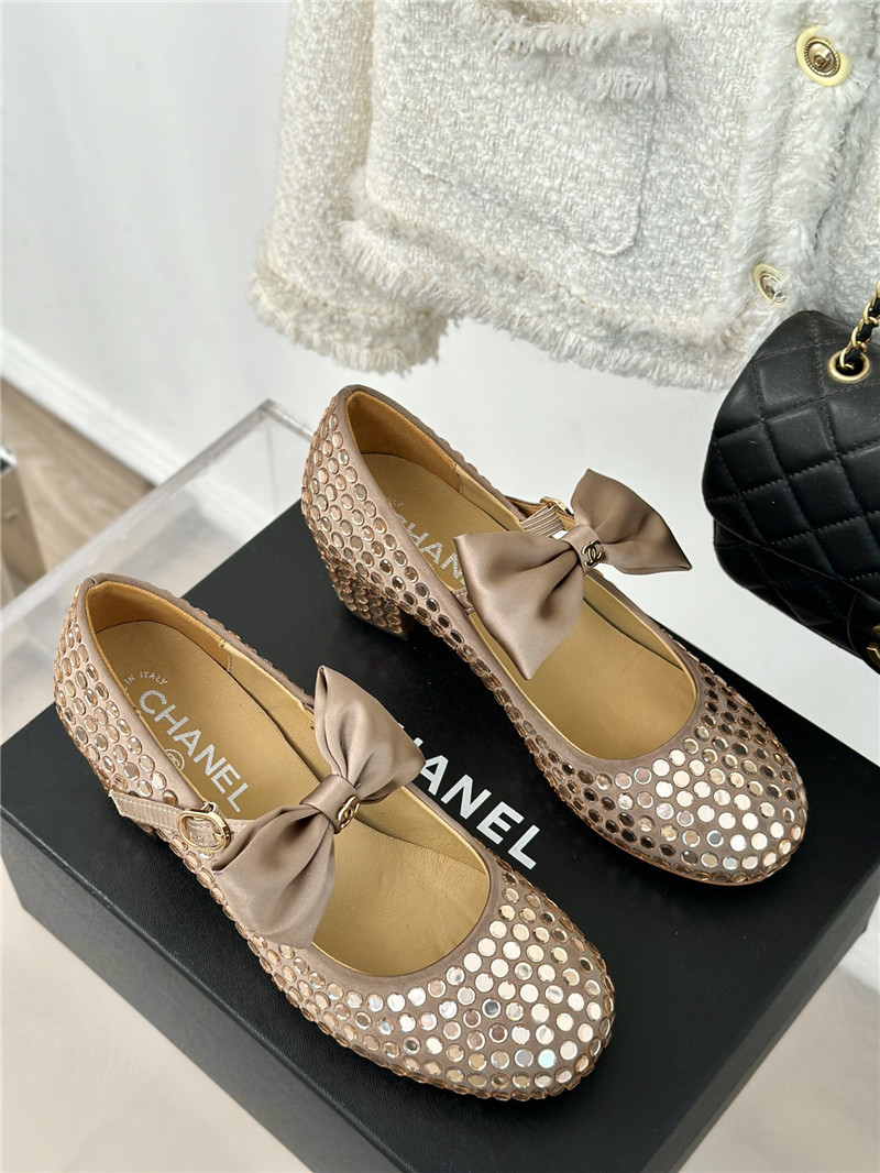 Ch**el bow mary jane sandals beige satin with studs